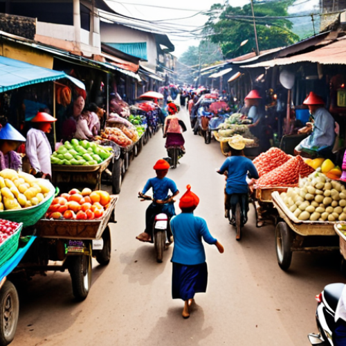 A bustling Lao morning market scene, filled with vendors selling colorful fruits, vegetables, and street food. People are haggling, motorbikes are weaving through the crowd, and chickens are running around. The atmosphere is chaotic but vibrant, with a mix of traditional Lao clothing and modern attire. Focus on capturing the energy and sensory overload of the market.