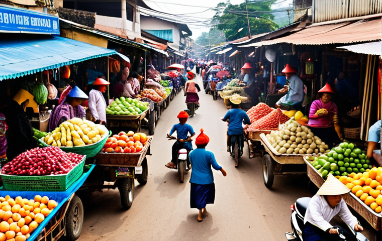 A bustling Lao morning market scene, filled with vendors selling colorful fruits, vegetables, and street food. People are haggling, motorbikes are weaving through the crowd, and chickens are running around. The atmosphere is chaotic but vibrant, with a mix of traditional Lao clothing and modern attire. Focus on capturing the energy and sensory overload of the market.