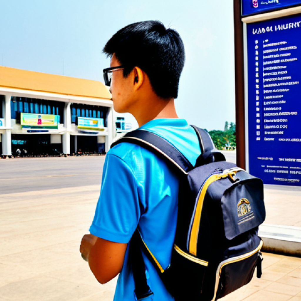 **
"A traveler with a backpack, fully clothed in modest travel attire, standing in front of Wattay International Airport in Vientiane, Laos. The traveler is holding a map and looking around, seemingly just arrived. The scene includes Lao script signage in the background. Clear, bright daylight, professional photography, perfect anatomy, correct proportions, safe for work, appropriate content, family-friendly travel destination."
**