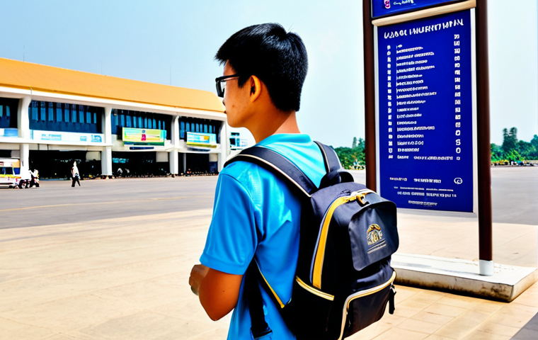 **
"A traveler with a backpack, fully clothed in modest travel attire, standing in front of Wattay International Airport in Vientiane, Laos. The traveler is holding a map and looking around, seemingly just arrived. The scene includes Lao script signage in the background. Clear, bright daylight, professional photography, perfect anatomy, correct proportions, safe for work, appropriate content, family-friendly travel destination."
**