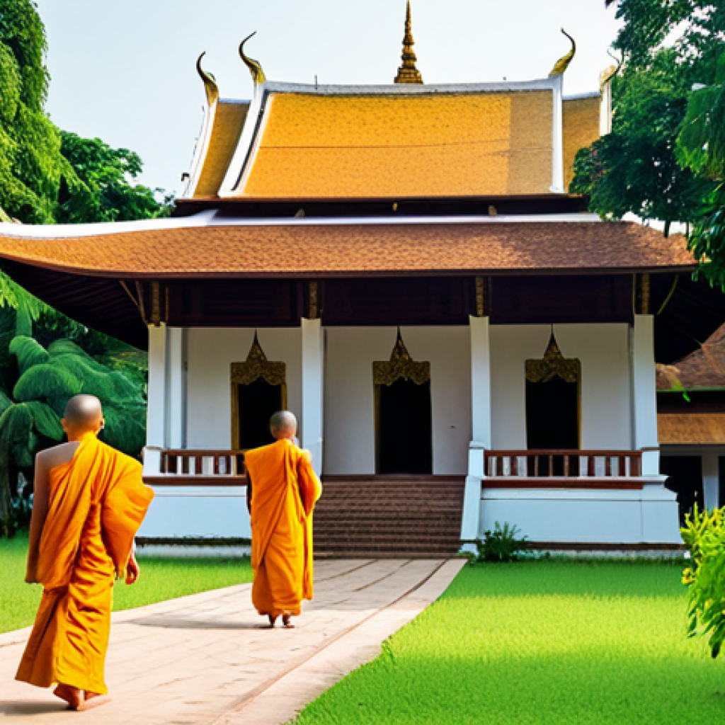 Serene Temple Courtyard**
"A peaceful courtyard within Wat Sisaket, Vientiane, Laos. Monks in saffron robes are walking mindfully among lush greenery and ancient trees. The five-tiered roof of the sim is visible in the background. Capture the golden light of the late afternoon. fully clothed, appropriate attire, safe for work, professional photography, perfect anatomy, natural proportions, modest setting, family-friendly."
**