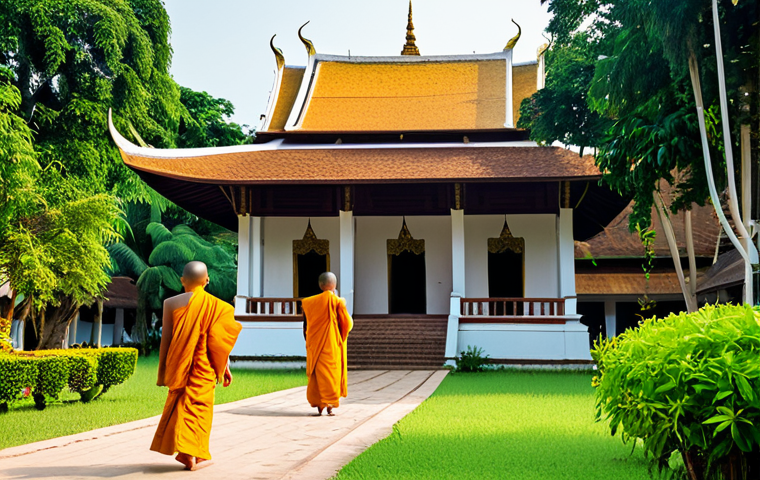 Serene Temple Courtyard**
"A peaceful courtyard within Wat Sisaket, Vientiane, Laos. Monks in saffron robes are walking mindfully among lush greenery and ancient trees. The five-tiered roof of the sim is visible in the background. Capture the golden light of the late afternoon. fully clothed, appropriate attire, safe for work, professional photography, perfect anatomy, natural proportions, modest setting, family-friendly."
**