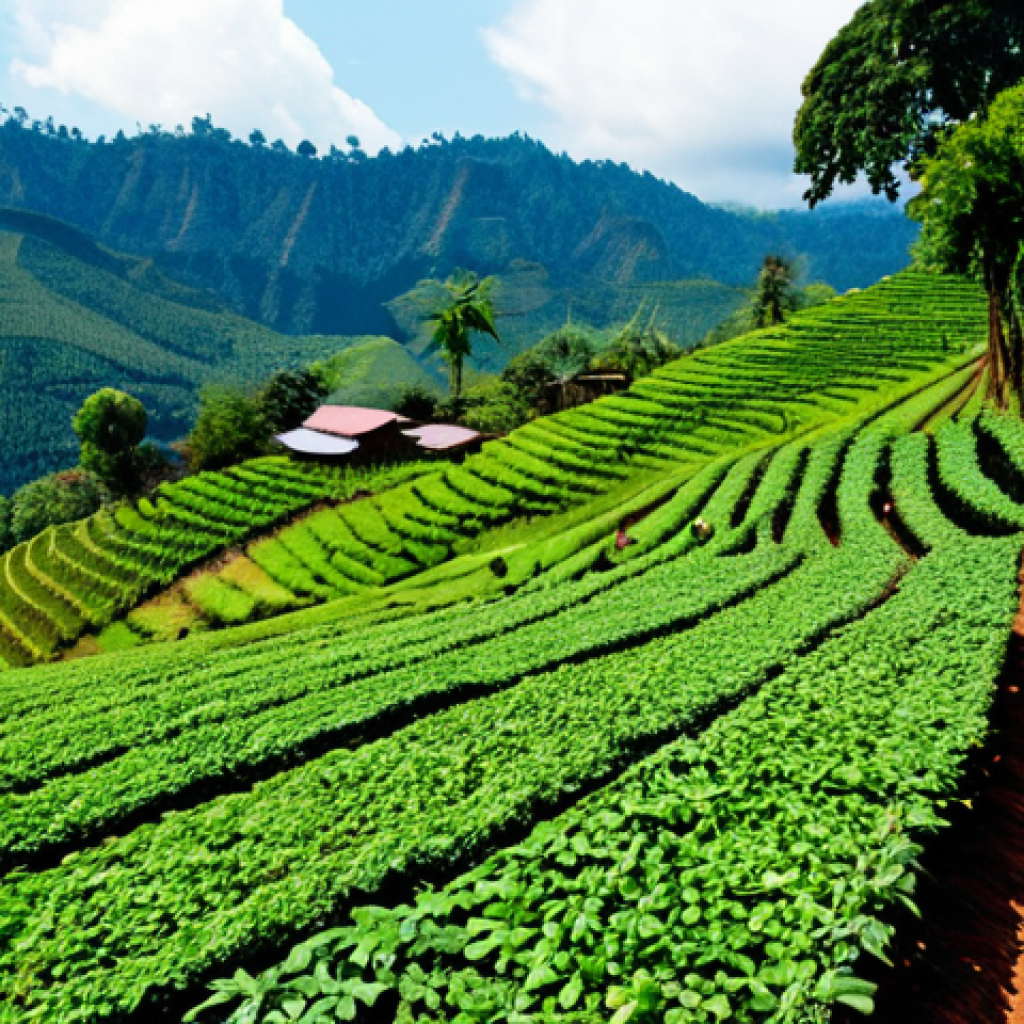 Lao Coffee Plantation**
"A professional photograph of a lush green coffee plantation on the Bolaven Plateau in Laos, showcasing Arabica beans growing on the hillsides. In the distance, we see modest houses. Fully clothed farmers are carefully tending to the plants. The sky is clear blue. Safe for work, appropriate content, professional, perfect anatomy, natural proportions, well-formed hands, proper finger count, natural body proportions, fully clothed."
**