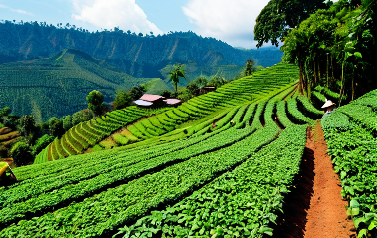 Lao Coffee Plantation**
"A professional photograph of a lush green coffee plantation on the Bolaven Plateau in Laos, showcasing Arabica beans growing on the hillsides. In the distance, we see modest houses. Fully clothed farmers are carefully tending to the plants. The sky is clear blue. Safe for work, appropriate content, professional, perfect anatomy, natural proportions, well-formed hands, proper finger count, natural body proportions, fully clothed."
**