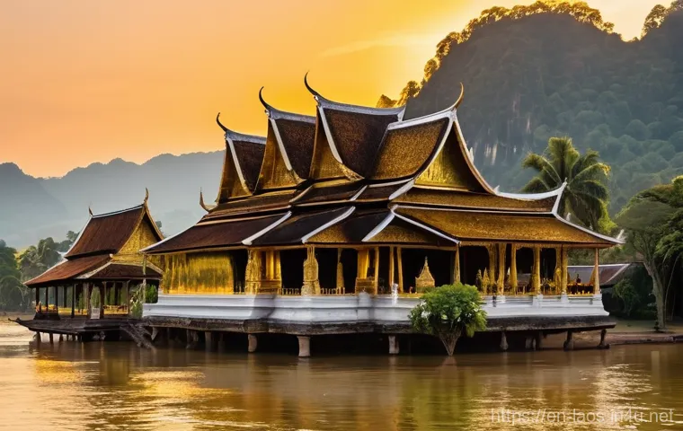 라오스 불교 사원 - **Gilded Grandeur of Wat Xieng Thong:** A majestic wide shot of Wat Xieng Thong in Luang Prabang, La...