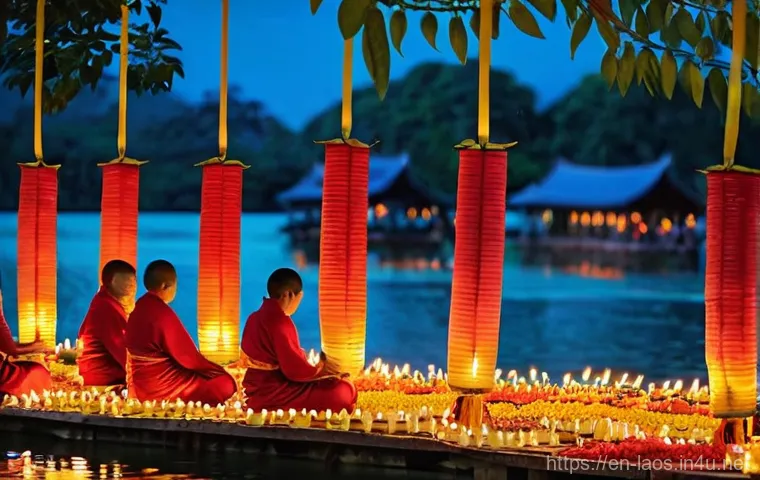 라오스 불교 사원 - **Serene Morning Alms Ceremony:** An evocative depiction of the 'Tak Bat' (morning alms giving cerem...