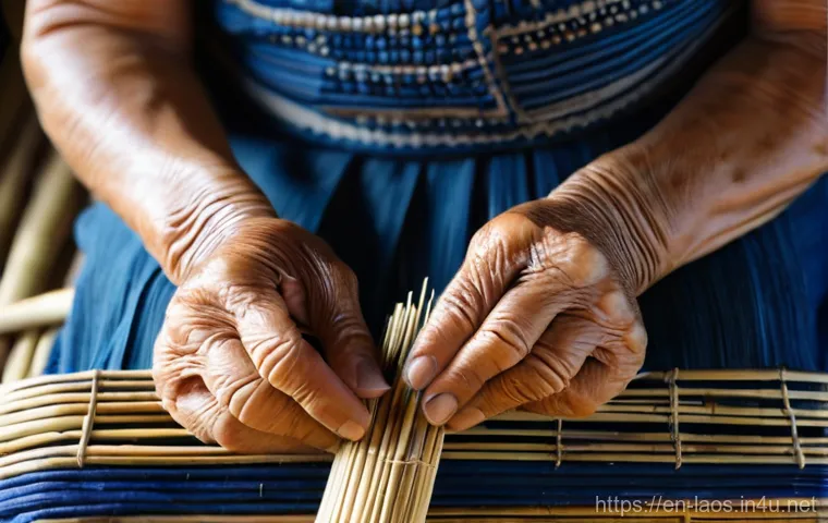 라오스 소수 민족 - **Prompt:** A close-up shot of an elderly Khmu woman in a remote Laotian village, her hands graceful...