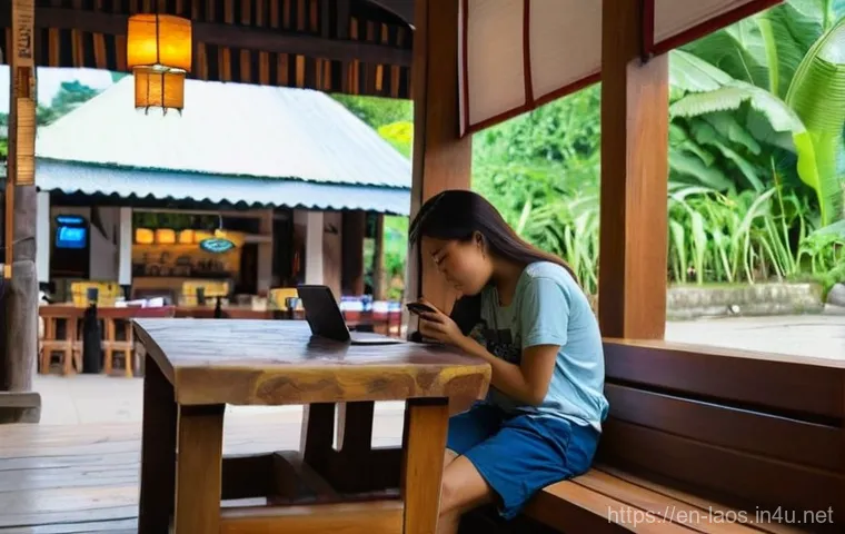 라오스 와이파이 대여 - **Prompt:** A young female traveler, wearing comfortable and modest hiking attire (lightweight t-shi...