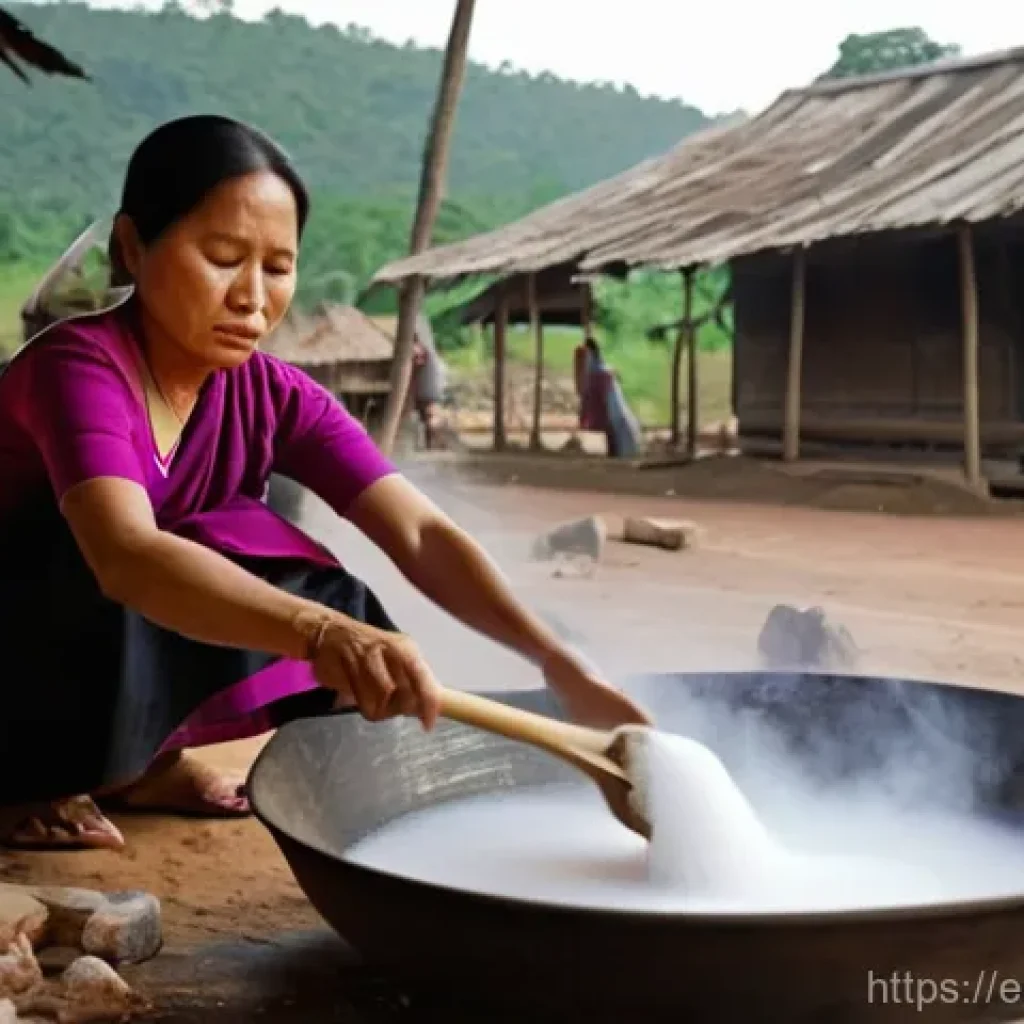 라오스 소금 평원 - **Prompt: "A close-up, warm-toned photograph capturing the traditional salt boiling process in a rur...