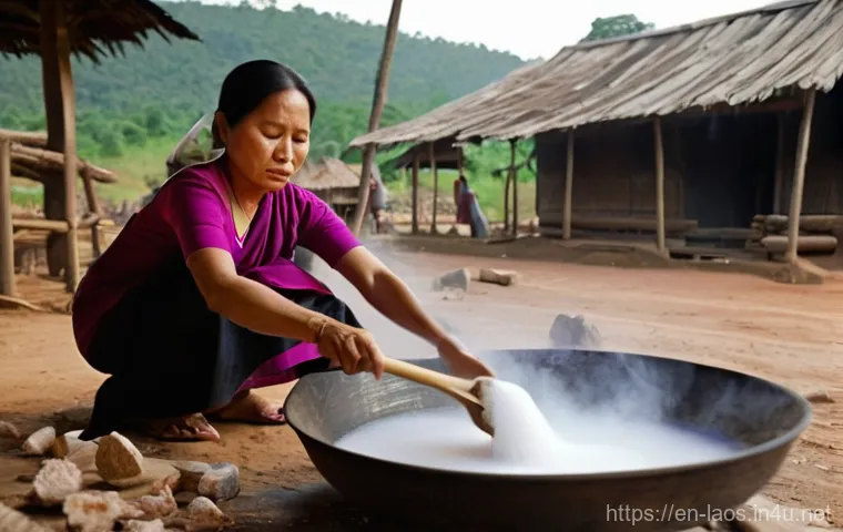 라오스 소금 평원 - **Prompt: "A close-up, warm-toned photograph capturing the traditional salt boiling process in a rur...