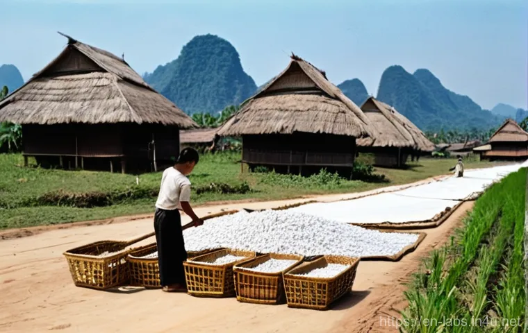 라오스 소금 평원 - **Prompt: "A close-up, warm-toned photograph capturing the traditional salt boiling process in a rur...