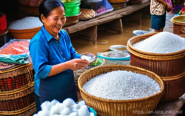라오스 소금 평원 - **Prompt: "A vibrant, panoramic image of a traditional Lao salt drying and collection area under cle...