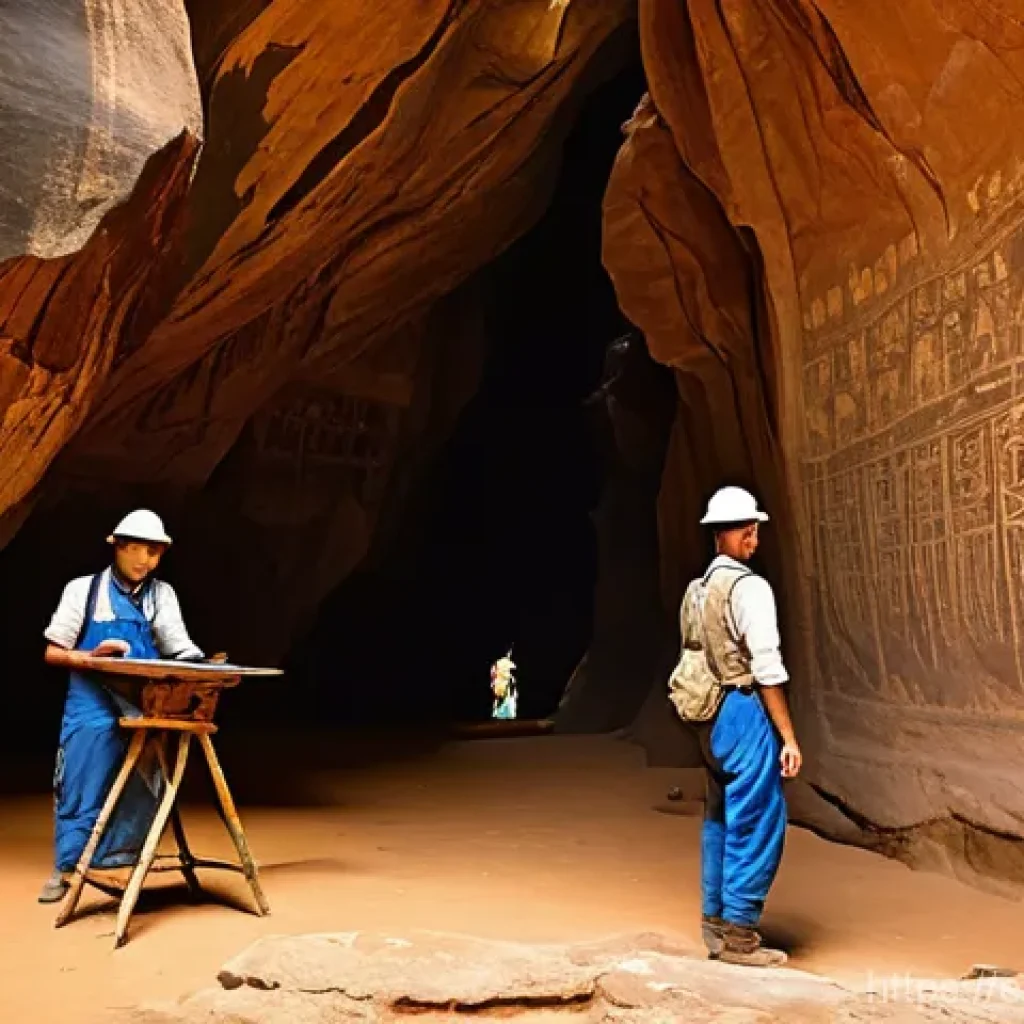 라오스 고대 동굴 벽화 - **Ancient Echoes in Tham Pha Mue**
A wide shot inside the "Hidden Hands" cave (Tham Pha Mue) in ...