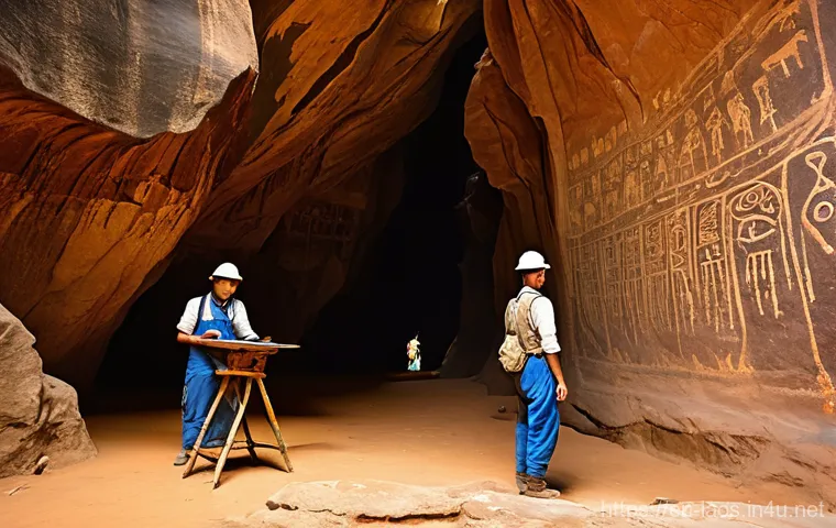 라오스 고대 동굴 벽화 - **Ancient Echoes in Tham Pha Mue**
A wide shot inside the "Hidden Hands" cave (Tham Pha Mue) in ...