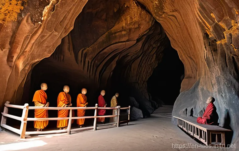 라오스 고대 동굴 벽화 - **Ancient Echoes in Tham Pha Mue**
    A wide shot inside the "Hidden Hands" cave (Tham Pha Mue) in ...