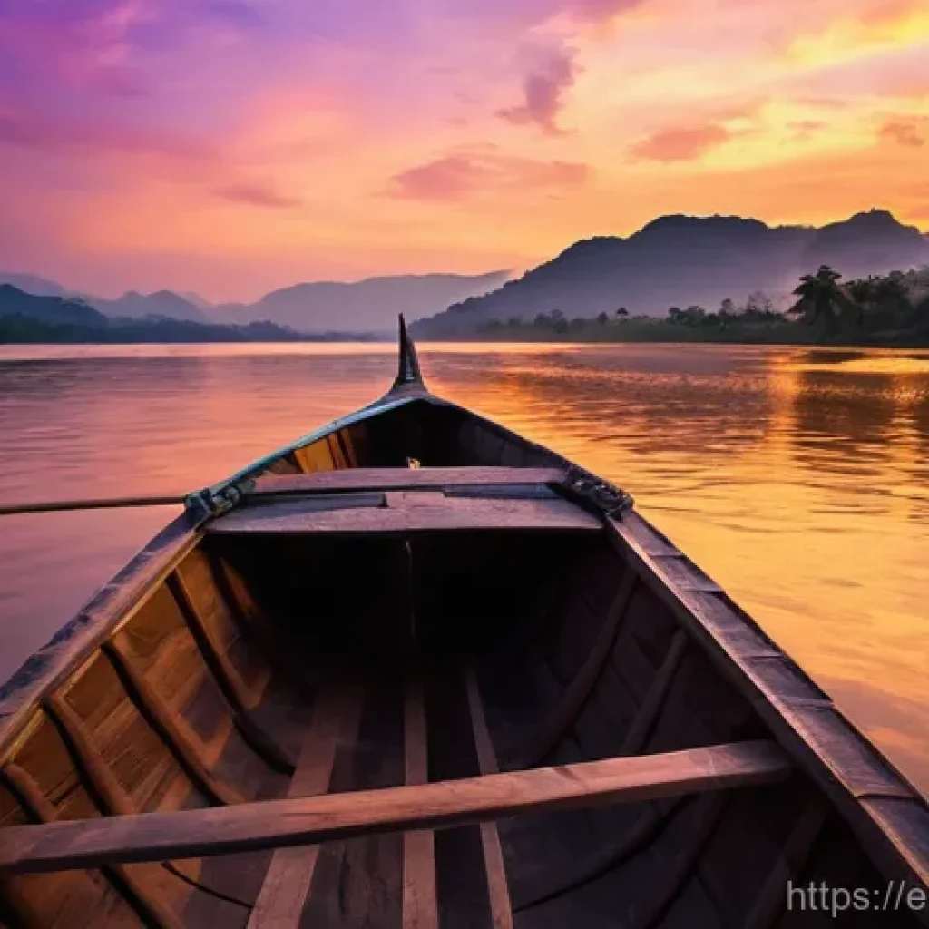 라오스 힐링 여행 - Mekong River Sunset Serenity**
**Prompt:** A tranquil, cinematic shot of a vibrant sunset over the ...