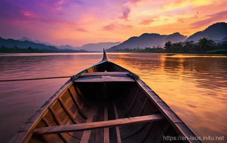 라오스 힐링 여행 - Mekong River Sunset Serenity**
**Prompt:** A tranquil, cinematic shot of a vibrant sunset over the ...