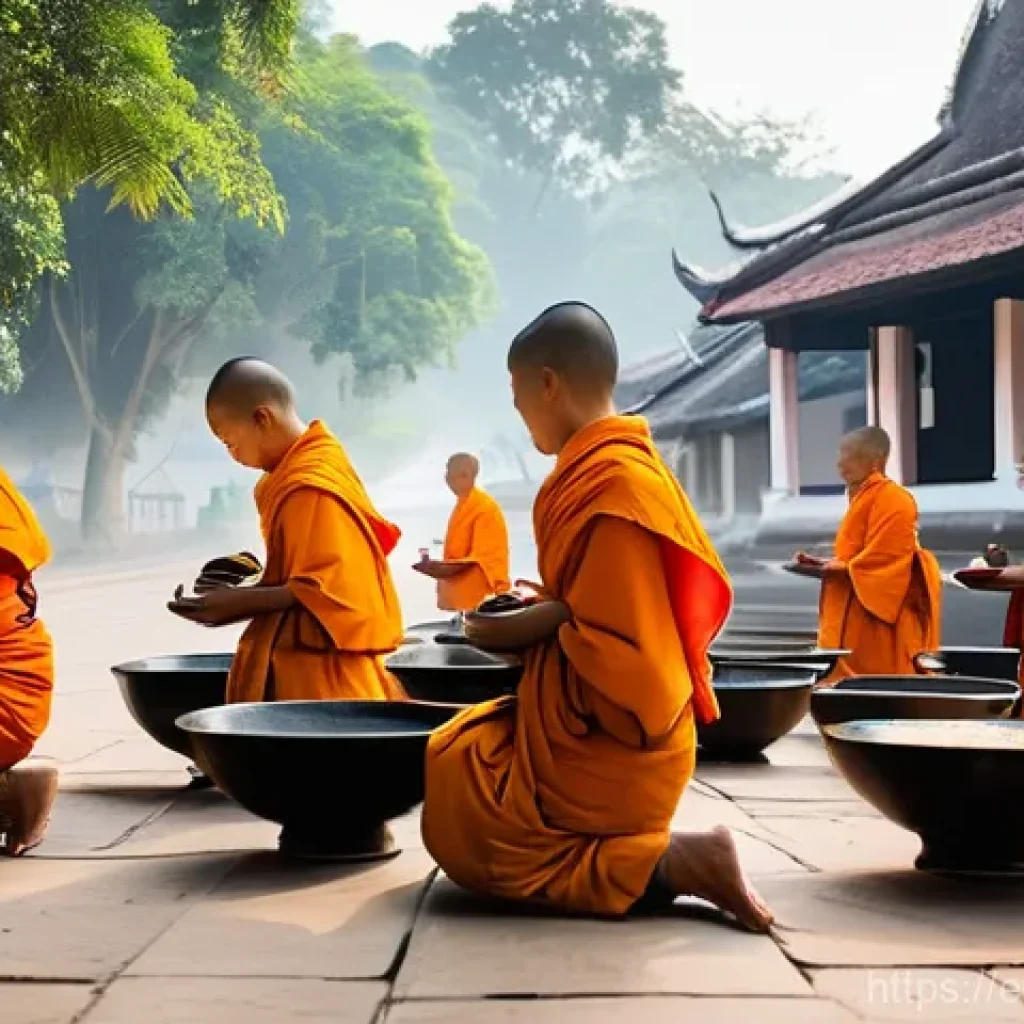 라오스 여행 추천 코스 - **Prompt:** A serene and respectful depiction of the daily Tak Bat (morning alms-giving ceremony) in...