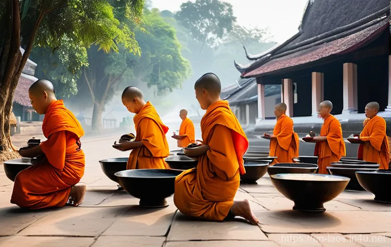 라오스 여행 추천 코스 - **Prompt:** A serene and respectful depiction of the daily Tak Bat (morning alms-giving ceremony) in...