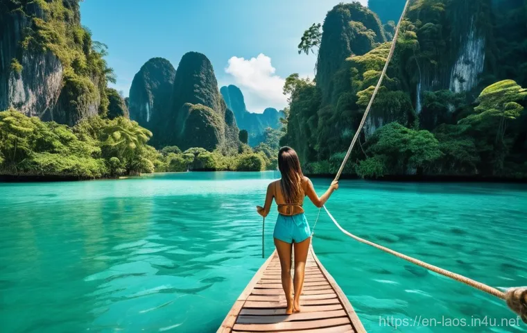 라오스 여행 추천 코스 - **Prompt:** A breathtaking view of the multi-tiered turquoise waters of Kuang Si Falls near Luang Pr...