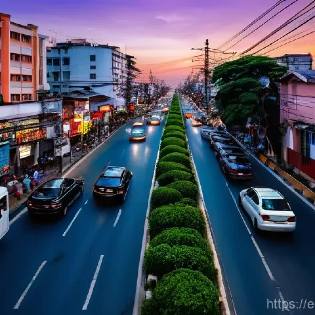 라오스 도시화 문제 - **Urban Lifelines Under Strain: A Congested Cityscape at Dusk**
A wide-angle street photography ...