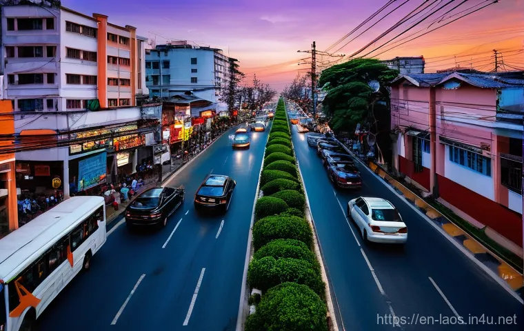 라오스 도시화 문제 - **Urban Lifelines Under Strain: A Congested Cityscape at Dusk**
A wide-angle street photography ...