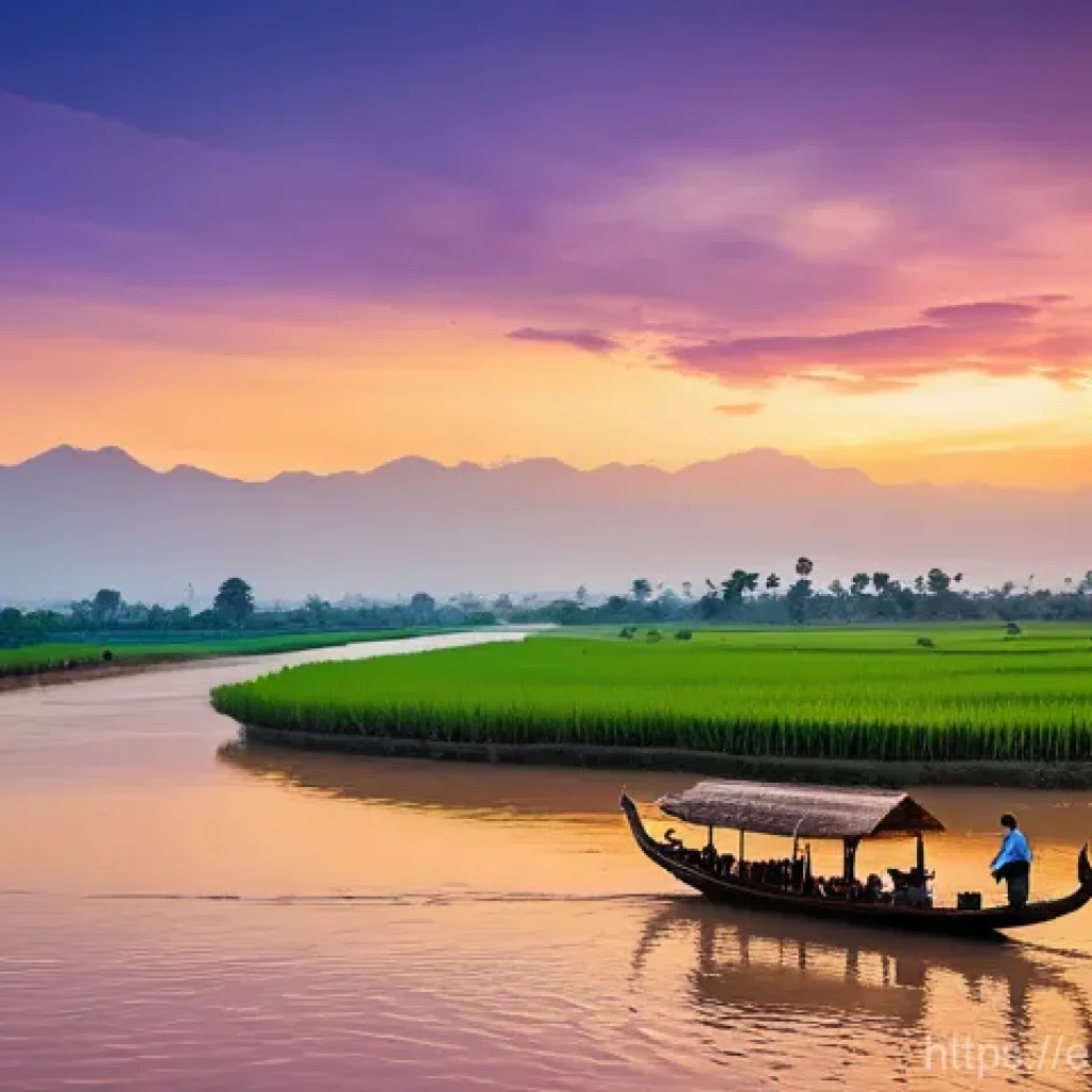 라오스 수도 비엔티안 역사 - **Prompt:** "A serene, wide-angle shot of the Mekong River at sunset, depicting early settlements al...