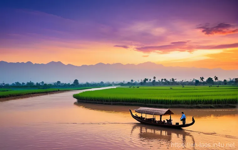 라오스 수도 비엔티안 역사 - **Prompt:** "A serene, wide-angle shot of the Mekong River at sunset, depicting early settlements al...