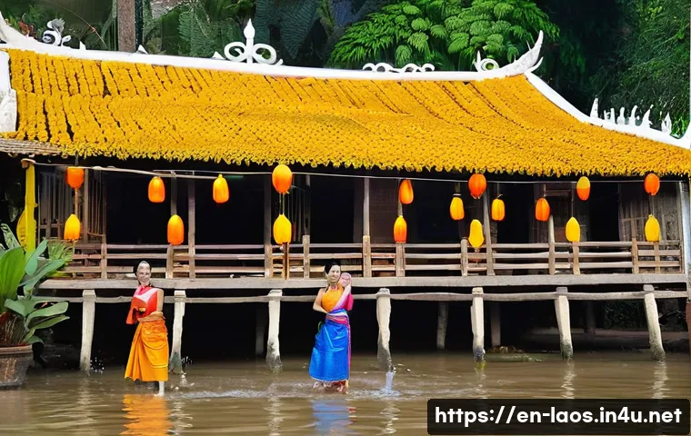 라오스 지역별 민속 축제 - **Prompt 1: Boun Pi Mai Lao Water Festival in Luang Prabang**
"A vibrant and joyful scene captur...