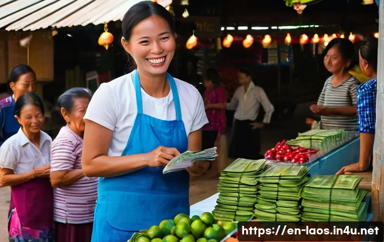 라오스 환전 팁 - **Vibrant Independent Money Exchange in Luang Prabang:** A candid, eye-level photograph captures a f...