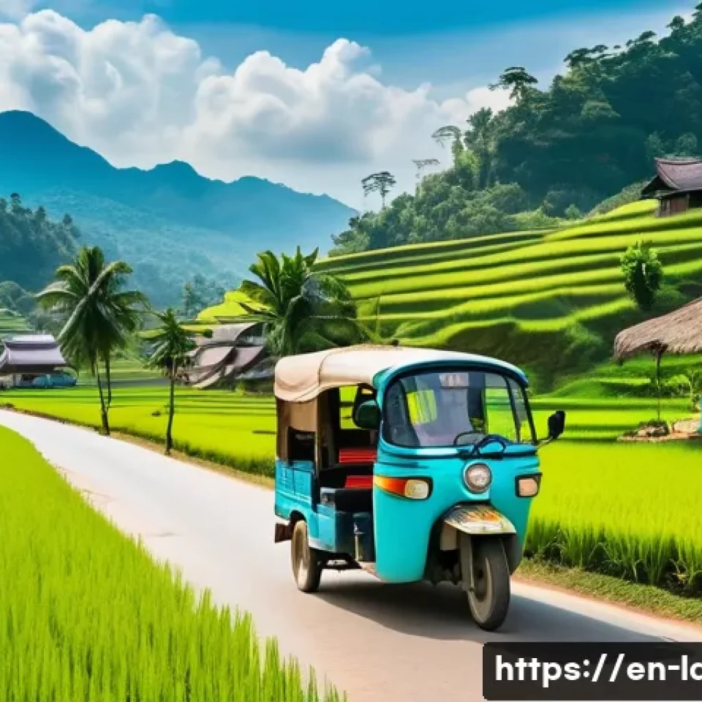 라오스 루앙프라방 폭포 - **"A vibrant scene of a traditional Lao tuk-tuk carrying a diverse group of smiling travelers, casua...