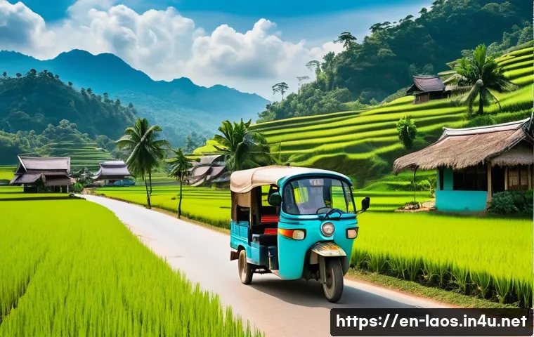 라오스 루앙프라방 폭포 - **"A vibrant scene of a traditional Lao tuk-tuk carrying a diverse group of smiling travelers, casua...
