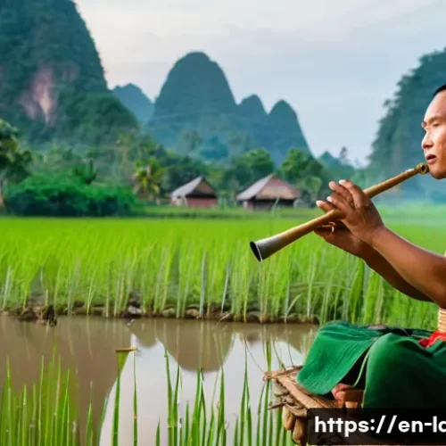 Home 32 라오스 전통 음악 - A traditional Lao musician playing the khene, a bamboo mouth organ with multiple pipes, seated in a ...