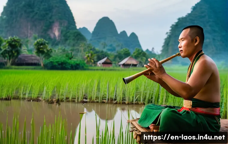 라오스 전통 음악 - A traditional Lao musician playing the khene, a bamboo mouth organ with multiple pipes, seated in a ...