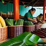 Home 19 라오스 지역별 특산물 - A vibrant street market scene in Laos showcasing an array of traditional fermented foods like jars o...