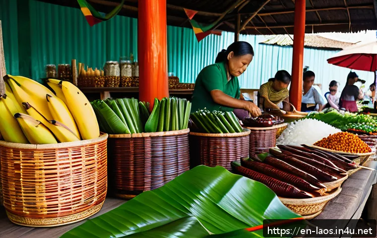 라오스 지역별 특산물 - A vibrant street market scene in Laos showcasing an array of traditional fermented foods like jars o...