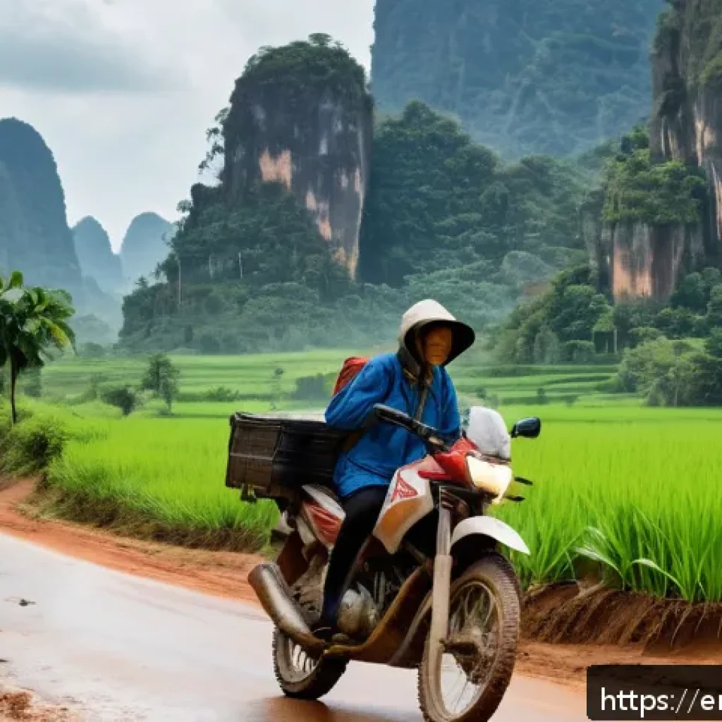 라오스 여행자 보험 - A detailed scene of a traveler in Laos wearing casual, modest outdoor clothing and a lightweight rai...