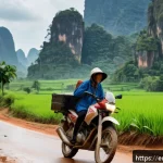 Home 18 라오스 여행자 보험 - A detailed scene of a traveler in Laos wearing casual, modest outdoor clothing and a lightweight rai...