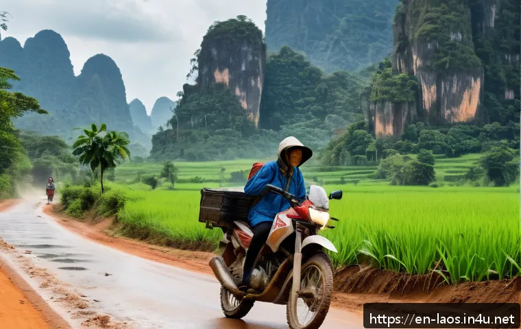 라오스 여행자 보험 - A detailed scene of a traveler in Laos wearing casual, modest outdoor clothing and a lightweight rai...