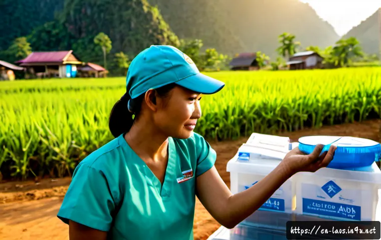 라오스와 국제 원조 - Photorealistic humanitarian aid scene in rural Laos, an international aid worker and local Lao healt...